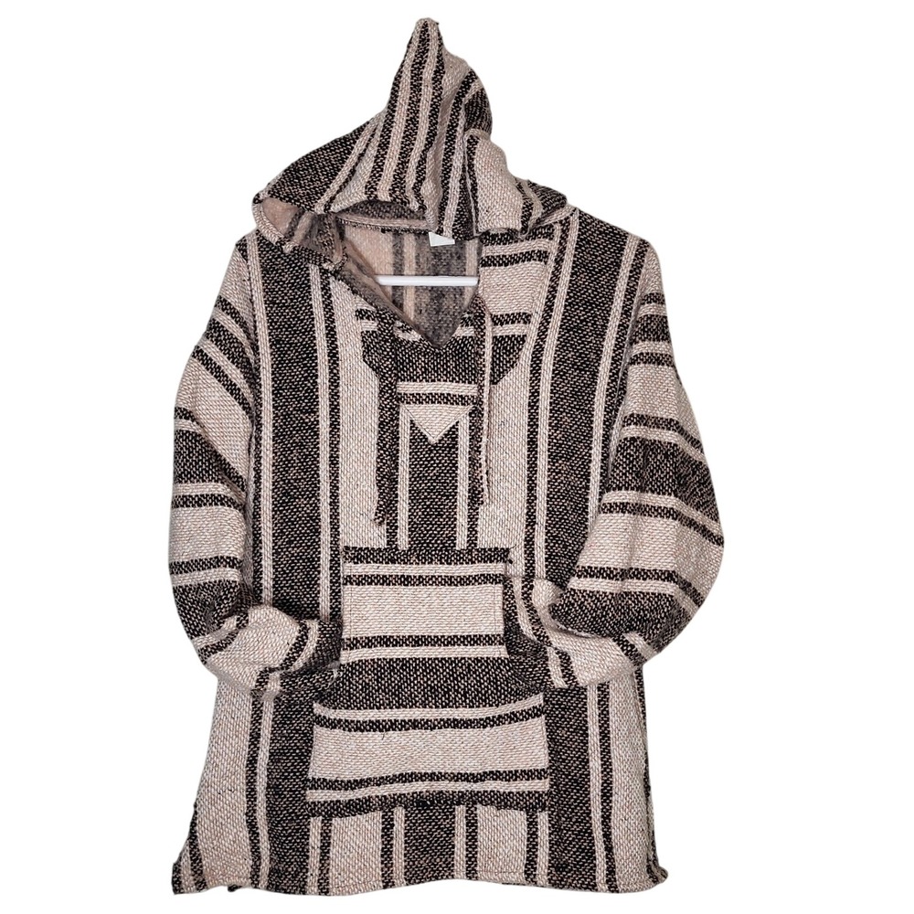 Artesanias FR Inc Mexican Baja Hoodie Tan Brown Striped Pullover Poncho Medium
